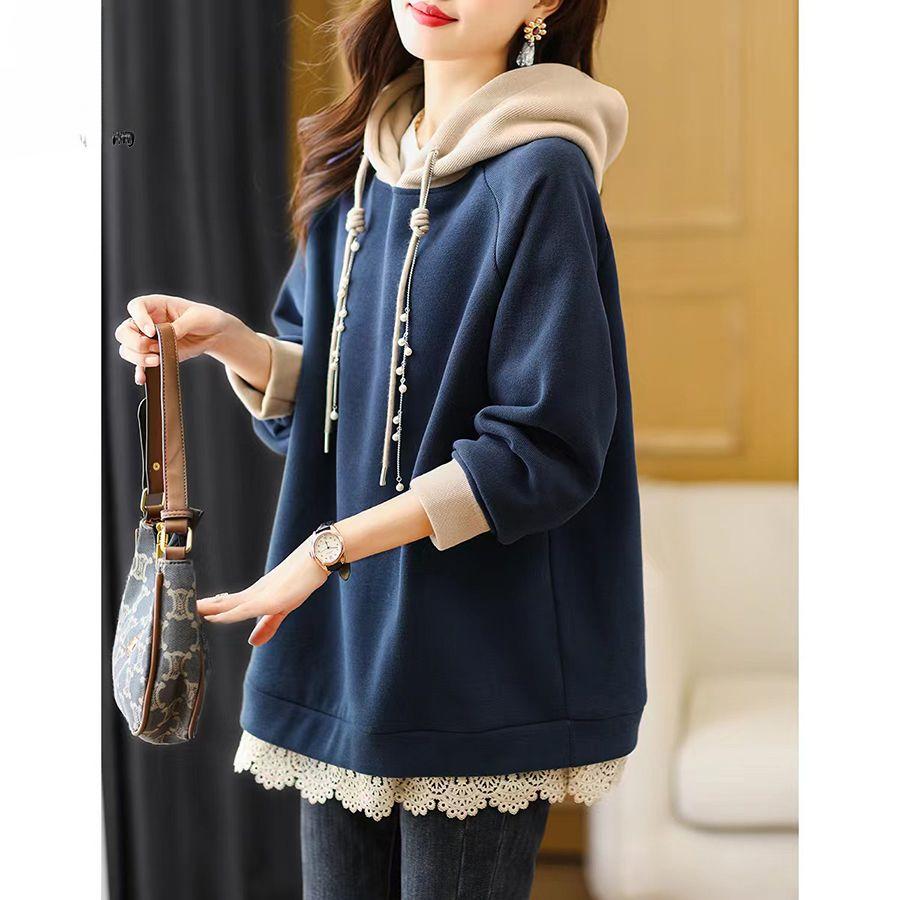 Spring Autumn Womens Hooded Sweatshirt European Style Color Block Loose Fit Long Sleeve Jacket