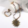 Handcrafted Sun Pendant Necklace Sweater Chain Jewelry with 8mm Natural Stone and Glass Beads in Elegant Antique Tone  dark brown