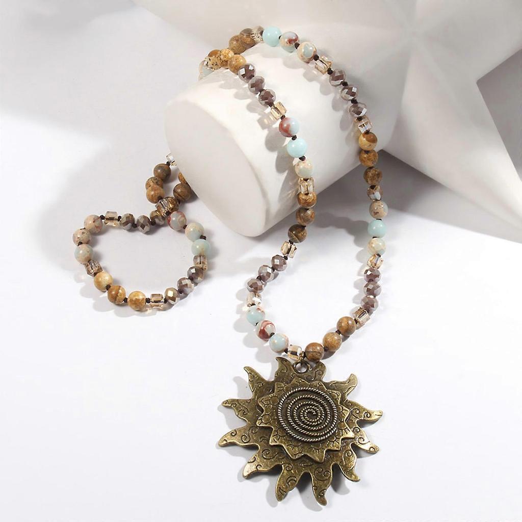Handcrafted Sun Pendant Necklace Sweater Chain Jewelry with 8mm Natural Stone and Glass Beads in Elegant Antique Tone  dark brown