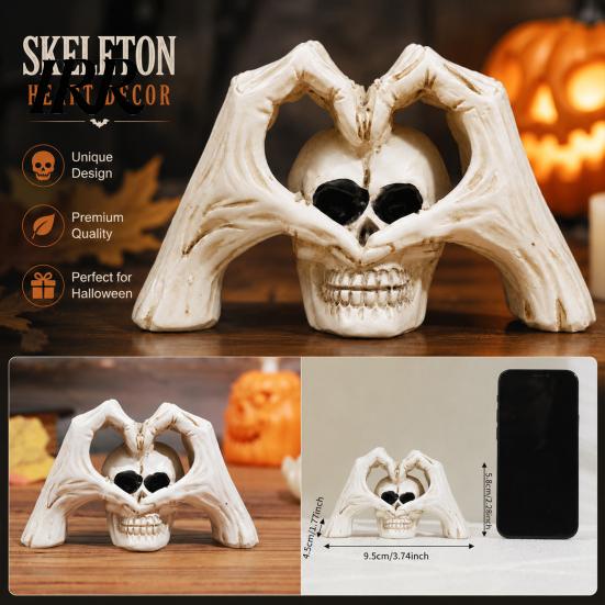 Bar Atmosphere Setting Decor Gothic Skeleton Hands Heart Sculpture with Skull, Romantic Love Statue, Halloween Desktop Decoration Shape Finger Gesture