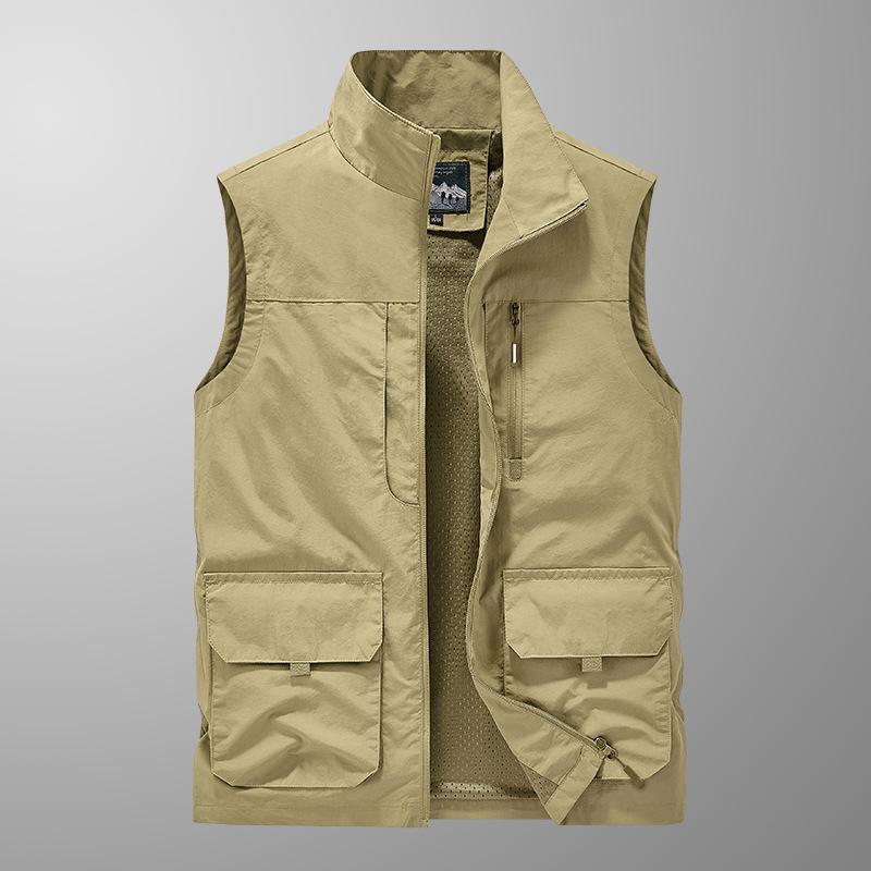 Four Seasons Middle-aged and Elderly Men's Vest Thin Sleeveless Stand-Up Collar Multi-Pocket Quick-Drying Vest Large Size Vest