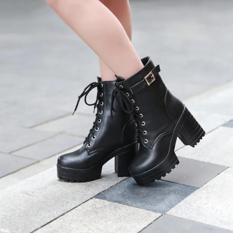 Fashion 2024 Russian Hot Sales Women Shoes Thick Platform High Heel Female Ankle Boots Round Toe Lace up Zipper Motorcycle Boots