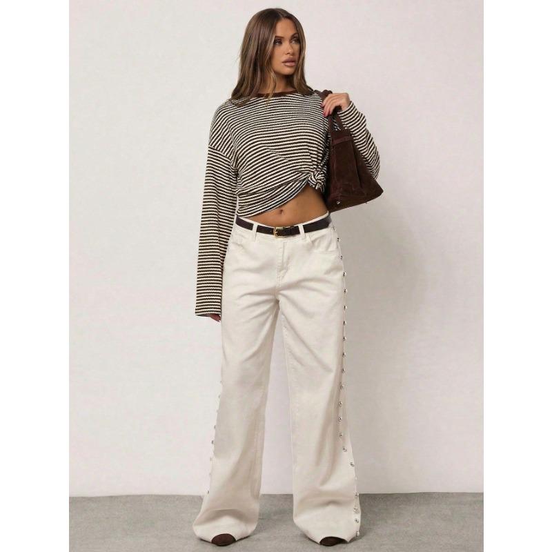 Womens Striped Knit Long Sleeve Loose T Shirt