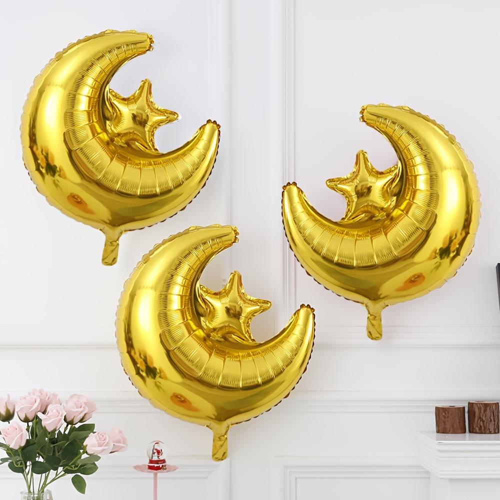 5-Pack of Golden Moon and Star Balloons, Moon and Star Foil Balloons, Suitable for Eid Al-Adha, Eid Al-Fitr, Islamic New Year Themed Party Decorations