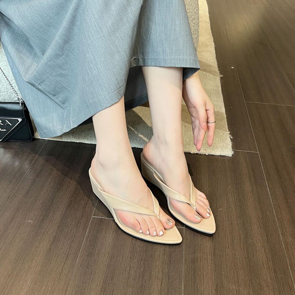 

Spring new thin heel pointed high heels rhinestone bow summer women wear wedge heel flip-flops 39 абрикосовый