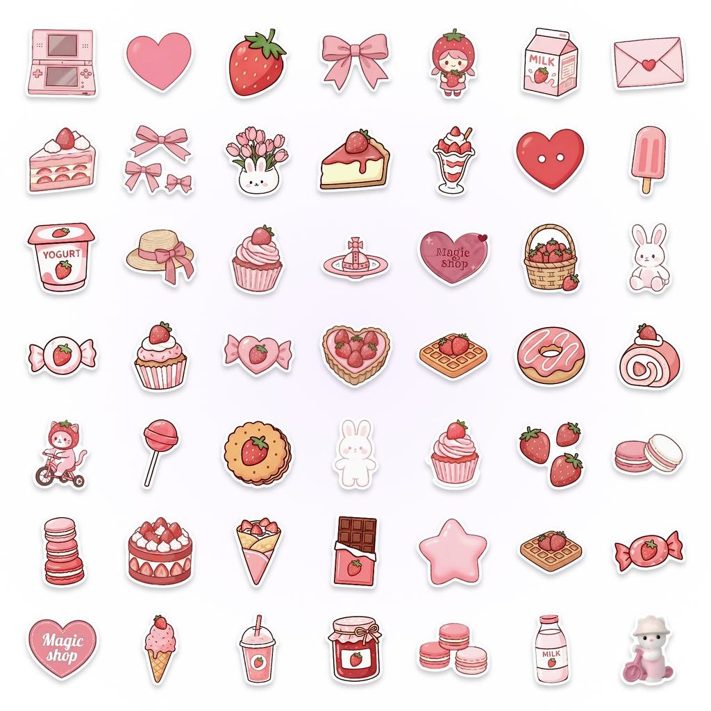 50 Cute Pink Dessert Bunny Stickers Waterproof Girl Heart Stickers Kawaii Pink Dessert Stickers