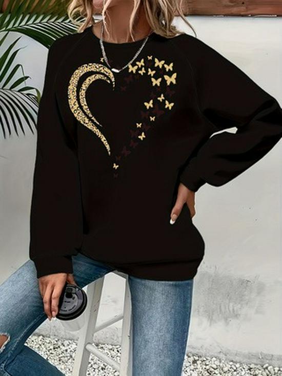 Women s Heart & Butterfly Print Round Neck Hoodie - Casual Long Sleeve, Multiple Colors, Versatile Fashion. 3XL чёрный