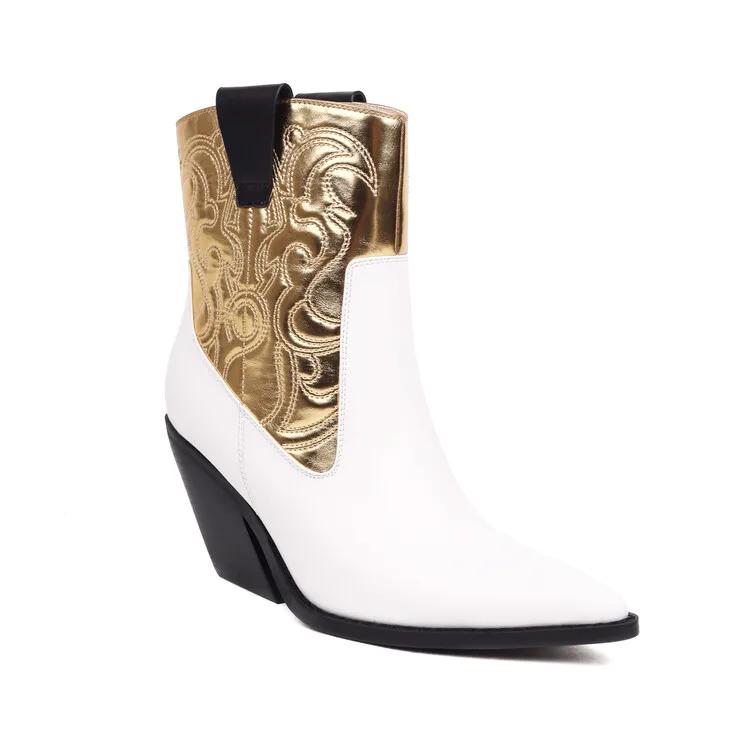 Fashion Brand Rhinestone/Rivet Color Blocking Western Short Boots Autumn Winter New 8cm Thick Heel Black Chelsea Women Boots Size 34-43
