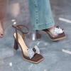 Fashion One Line Bow High Heels Sandals New Fairy Style 2024 Summer Square Toe Fashion Thick High Heels Fashion Sandals