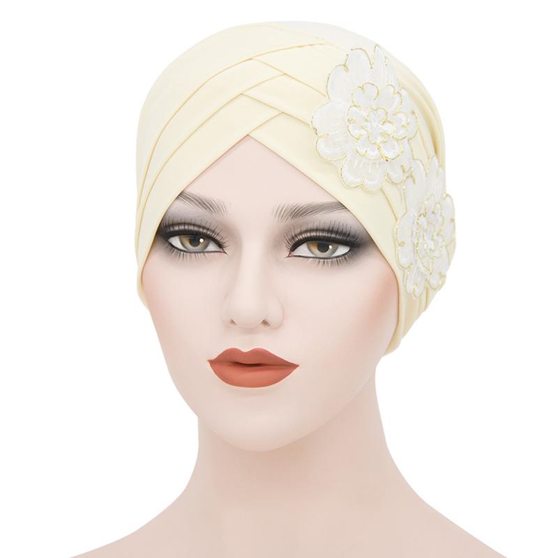 Fashion Ladies Forehead Cross Plum Blossom Hat Beanie Elastic Soft Top Hat Adult Women Milk Silk Flower Cap Muslim Turban
