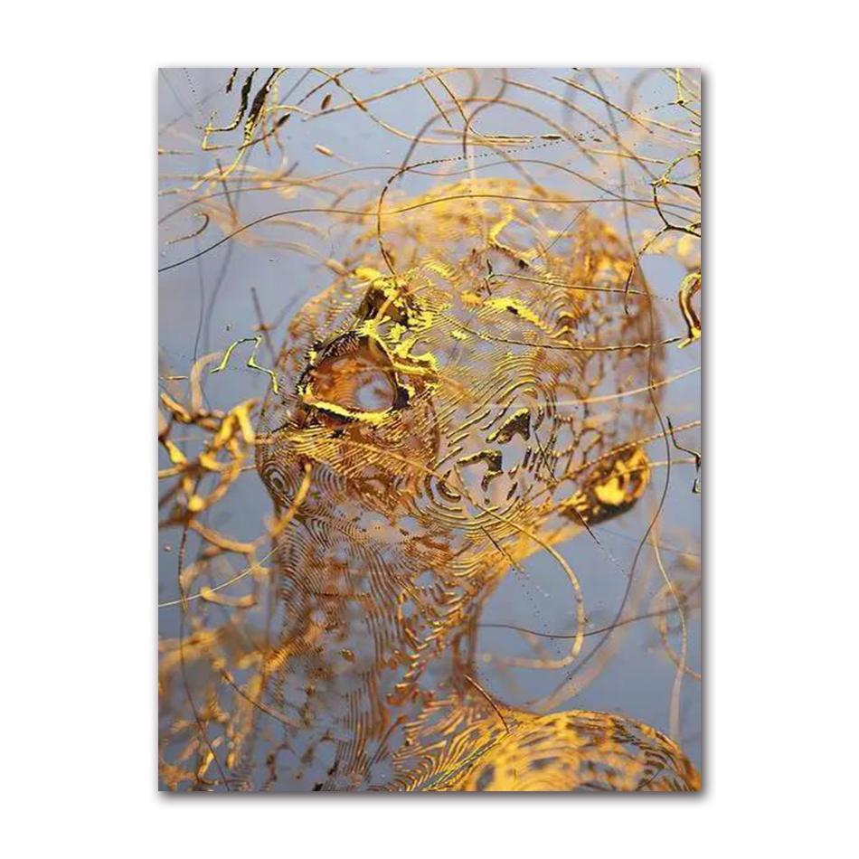 Abstract Metal Figure Statue Canvas Painting Poster and Prints Golden Portrait Sculpture Wall Picture for Living Room Home Decor