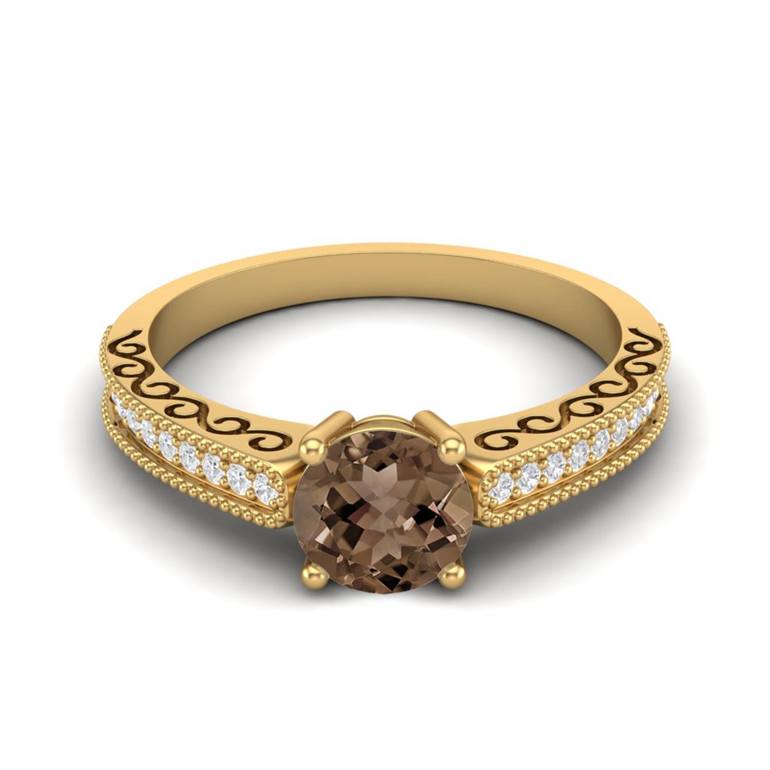 6mm Round Smoky Quartz 925 Sterling Silver Gold Vermeil Solitaire Accents Women Wedding Ring 9