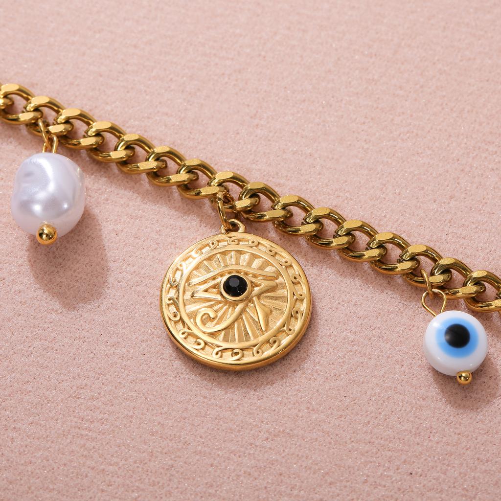 Golden Tone Stainless Steel Evil Eye Charm Bracelet with Freshwater Pearl for Women