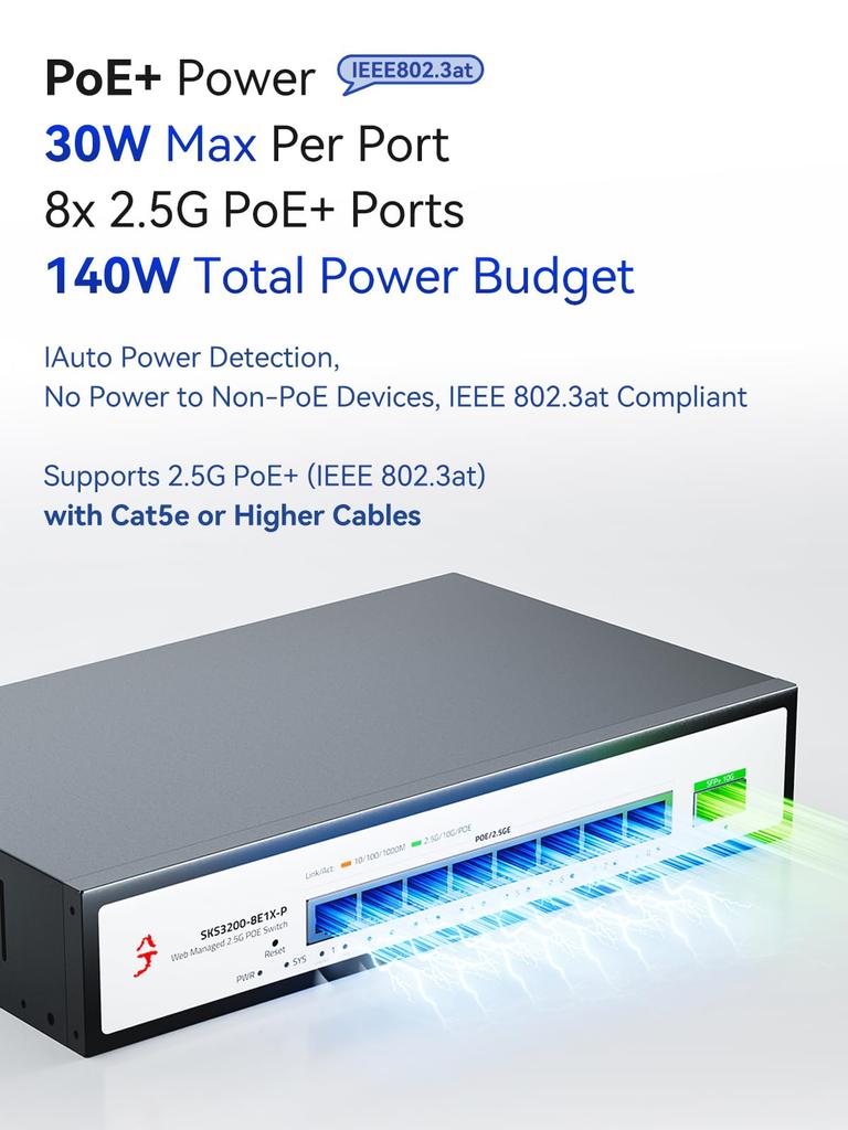 XikeStor 9 Port PoE Hub WEB Management Switch PoE Power 8 Port 1 Port 10G Security Security Camera AP VLAN Aggregation Splitter Hub Support 2.5G +