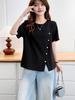 Plus Size Women's Patchwork Short Sleeve Tee with Studded Buttons - 2026 New Style Fashion Top