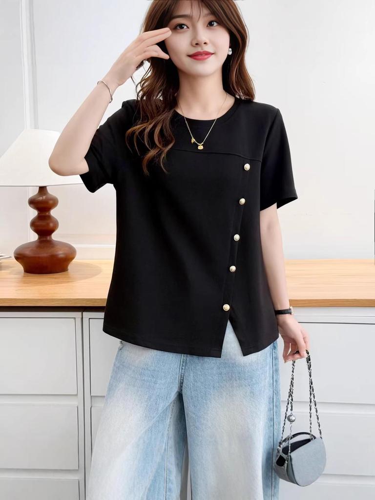 Plus Size Women's Patchwork Short Sleeve Tee with Studded Buttons - 2026 New Style Fashion Top