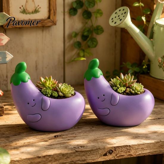 Mini Indoor Plant Pot Cute Eggplant Planter, Resin Small Flower Pot, Funny Purple Vegetable Desktop Decorative Ornament Shape Cactus Container