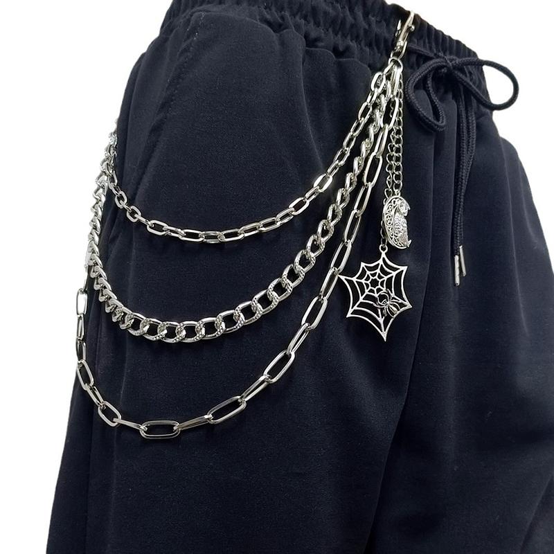Punkový kovový přívěsek s pavučinou a kostrou, vícevrstvý řetěz na džíny, hip-hopový řetěz na kalhoty, oděvní doplňky, dárky