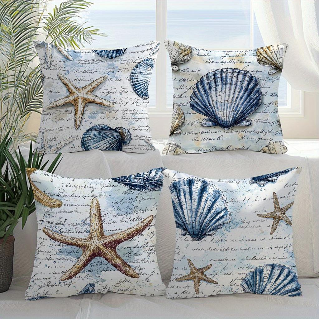 Vintage Starfish Shell Pillow Covers Illustration Pattern Cushion Covers Single Sided Coastal Nautical Decorative Home Decor