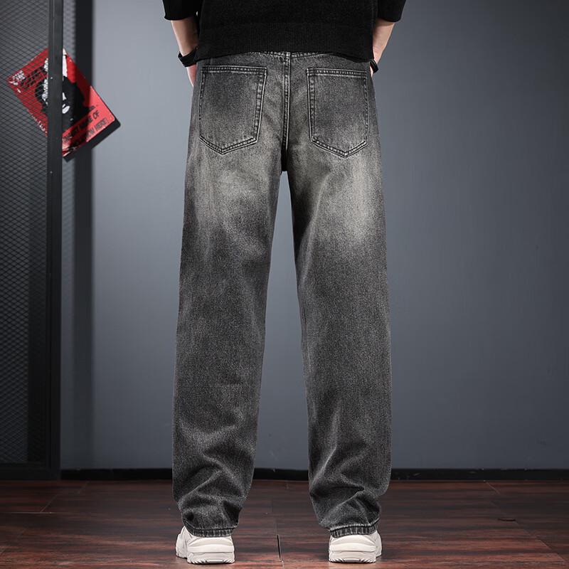 Jie Leinuo Men's American Retro Washed Loose Straight Jeans