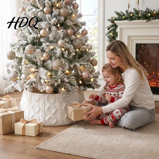 Pet Resistant Tree Skirt Plush Skirt Knit Christmas Collar Rhombus Pattern Festive Adjustable Base Decor Cover for Holiday Party Decor 28" Bottom