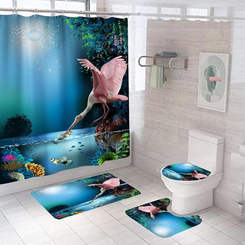 Forest Bathroom Shower Curtain Set Waterproof Bath Curtain Sets Toilet Cover Non-Slip Mat Rug Carpet Set Home Decor Accessories