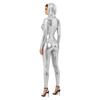 Tuta intera con cappuccio a maniche lunghe e zip frontale, jumpsuit metallica lucida con leggings/collant per donna, festa rave, club