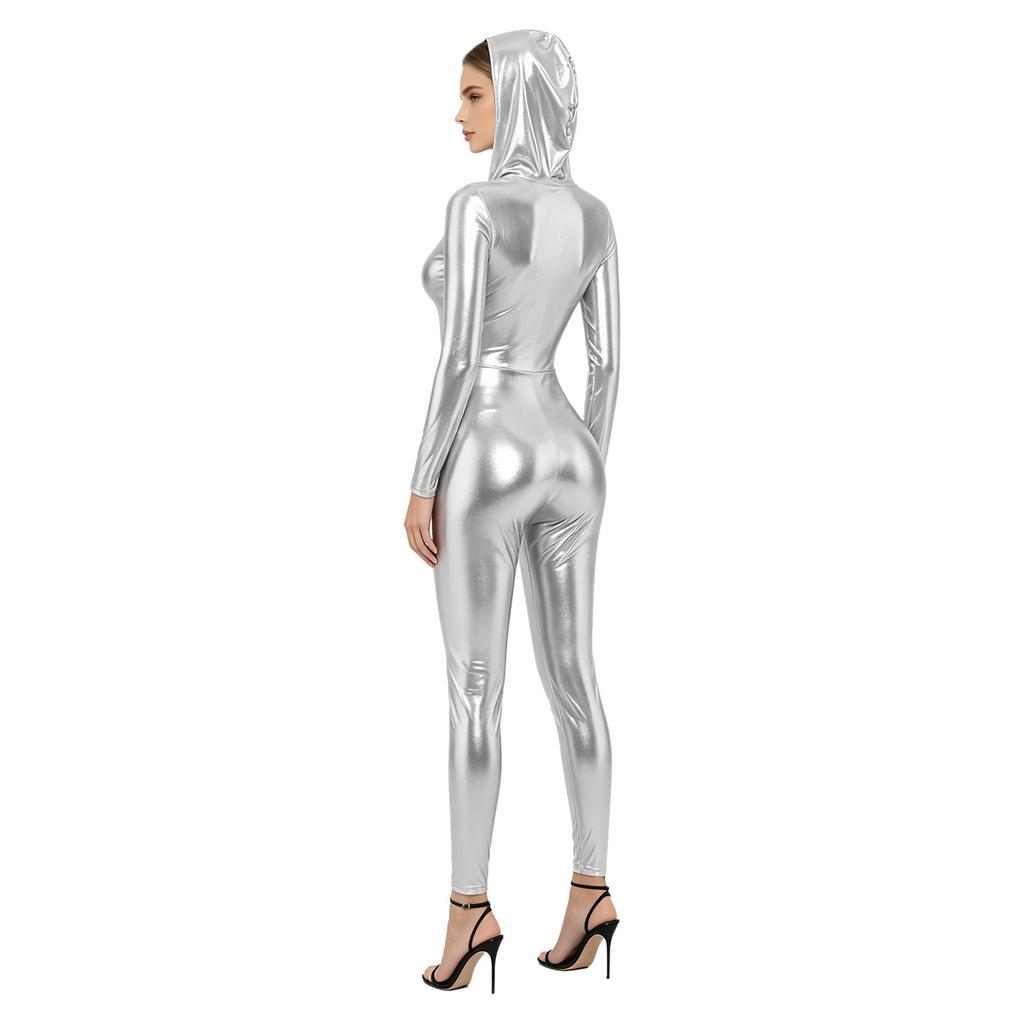 Tuta intera con cappuccio a maniche lunghe e zip frontale, jumpsuit metallica lucida con leggings/collant per donna, festa rave, club