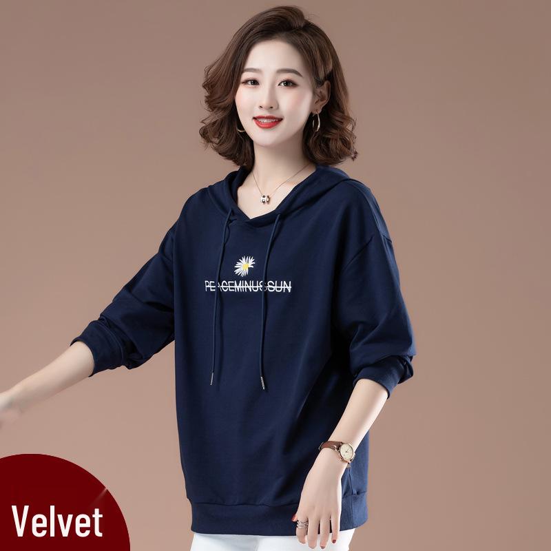 Women's Autumn/Winter 2025 Plus Size Hooded Daisy Plush Sweatshirt - Korean Style for Middle-Aged Moms