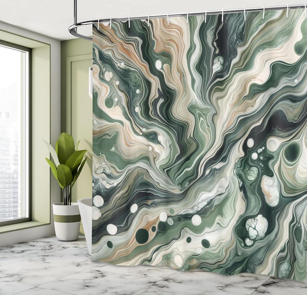Olive Green Shower Curtain, Contemporary Abstract Swirling Lines and Roundy Details Marble Print, Cloth Fabric Bathroo