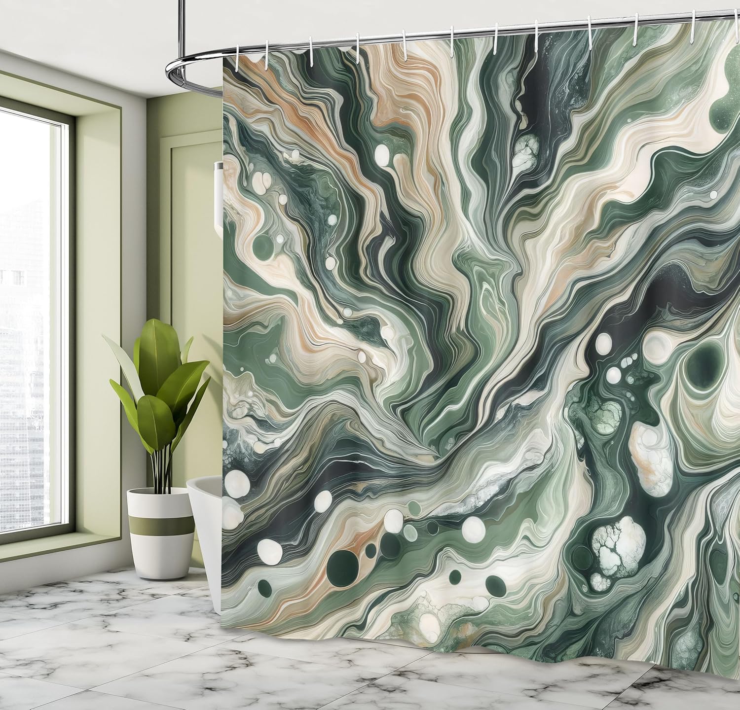 

Olive Green Shower Curtain, Contemporary Abstract Swirling Lines and Roundy Details Marble Print, Cloth Fabric Bathroo 90x180cm