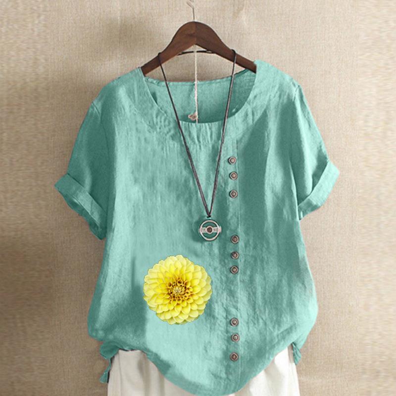Women's Fashion Round Neck Short Sleeve T-shirt Casual Cotton Linen Graphic Shirt Leisure Loose Flower Prined Summer Blouse Tops