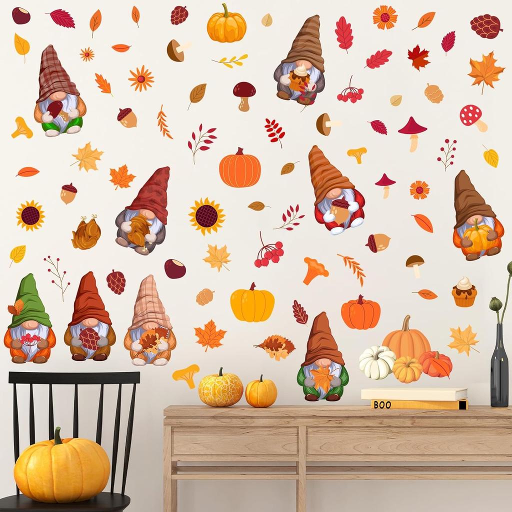 6 Sheets 85 Pcs Thanksgiving Gnome Wall Decals Fall Autumn Harvest Wall Decals Gnome Pumpkin Sunflower Maple Leaves Window Clings for Home Living