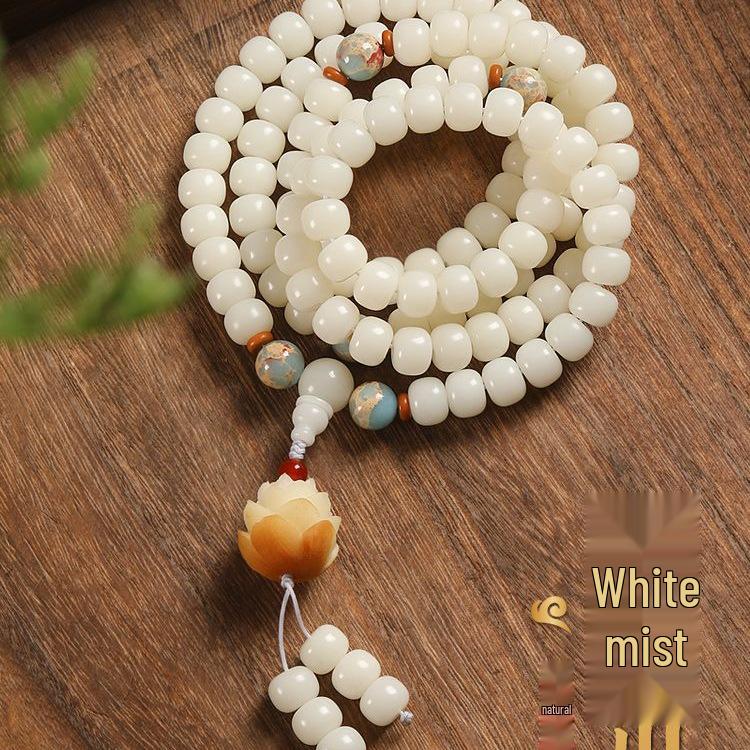 White Jade Bodhi Root 108-Bead Lotus Bracelet for Men and Women - Wenwan Prayer Beads