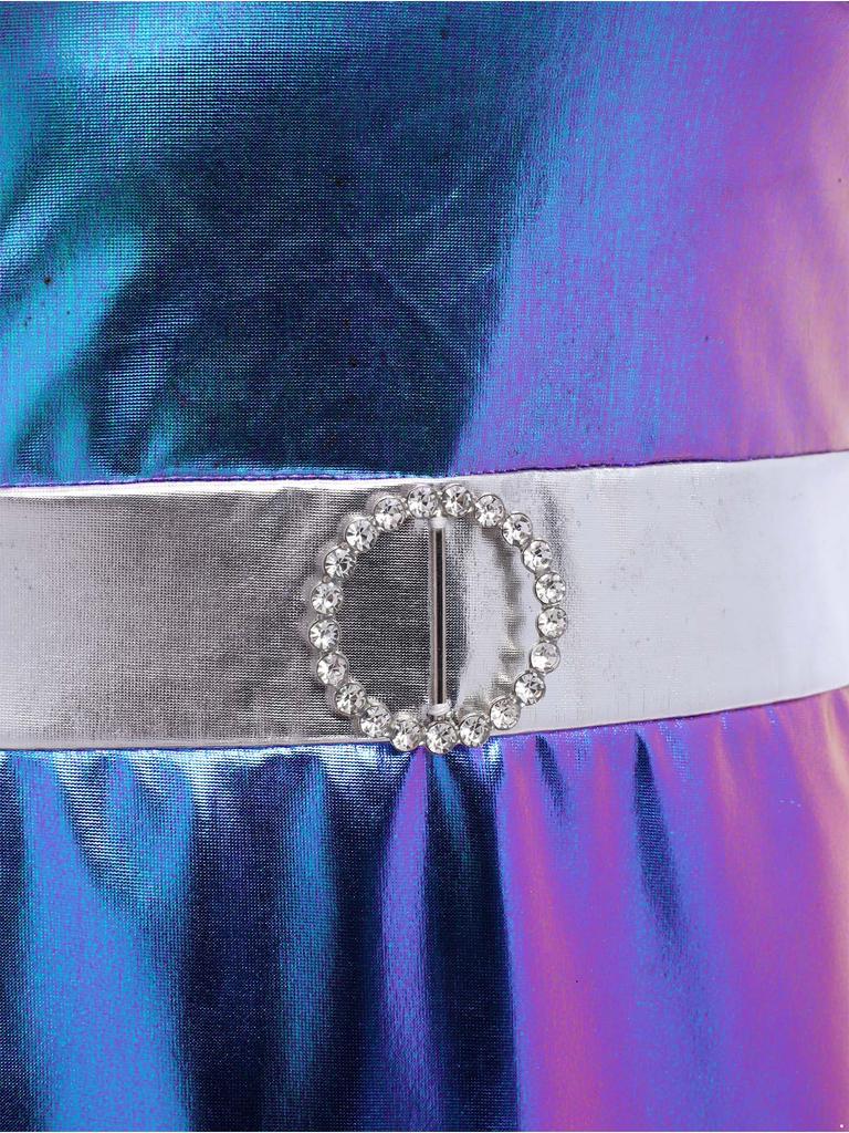 Womens 70s Disco Costume V Neck Flared Sleeve Crystal Decor Metallic Shiny Bodycon Dress