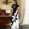 Women Plus Size V Neck Short Sleeve Black White Printed Straight Long Dress