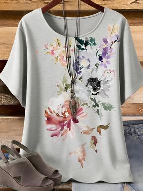 White Watercolor Flower Print T-Shirt, Women's Casual Loose Short Sleeve Crew Neck Top, Plus Size Summer Floral Blouse