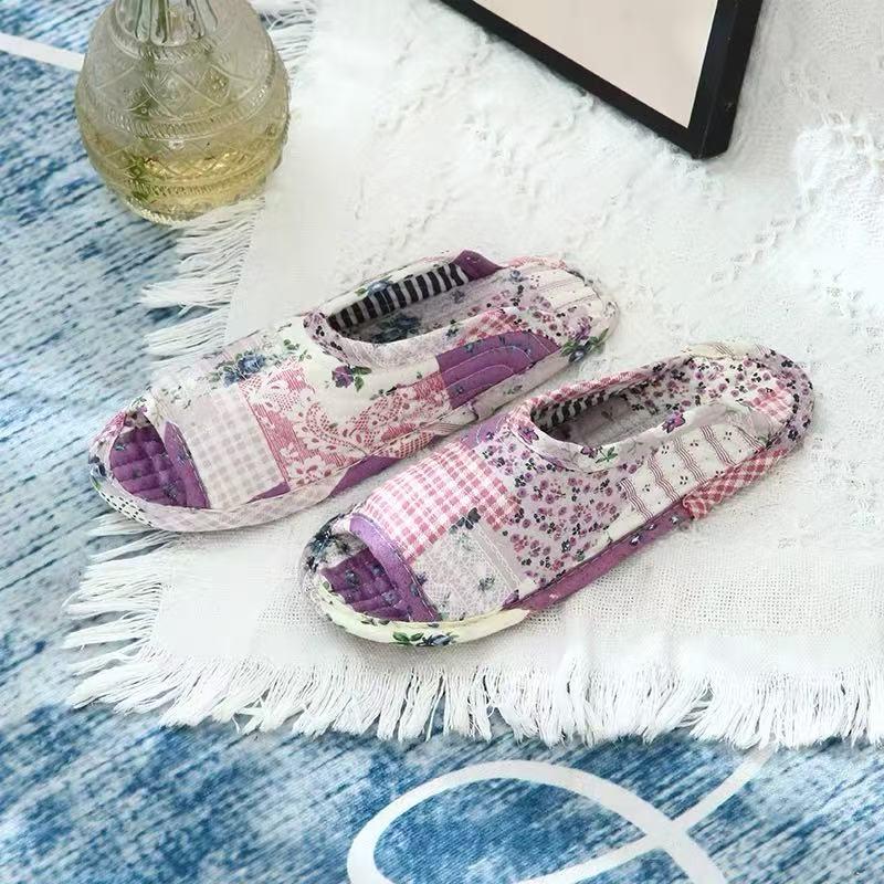 Atmungsaktive Baumwoll-Hausschuhe mit offenen Zehen, Stoffsohle und Krabbelmatte - Leise, Ganzjahres-Stil, Koreanisch