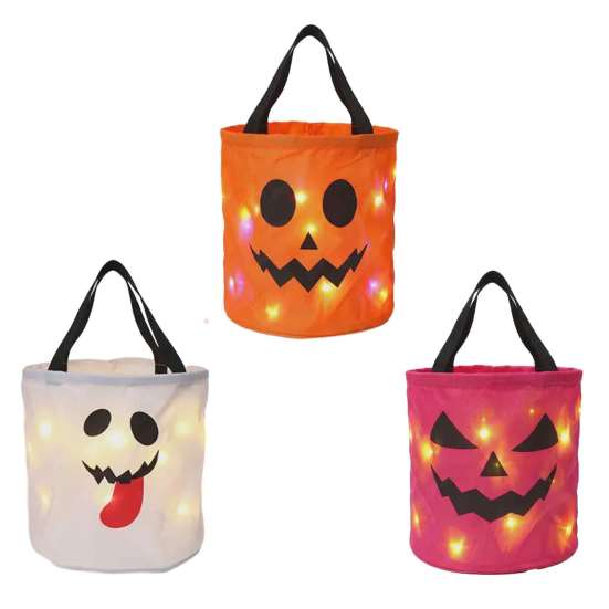 Colorful Halloween Event Supplies LED Light Up Bucket, Glow in The Dark Trick or Treat Candy Reusable Holiday Storage Buckets Bag with Handle, Lighted