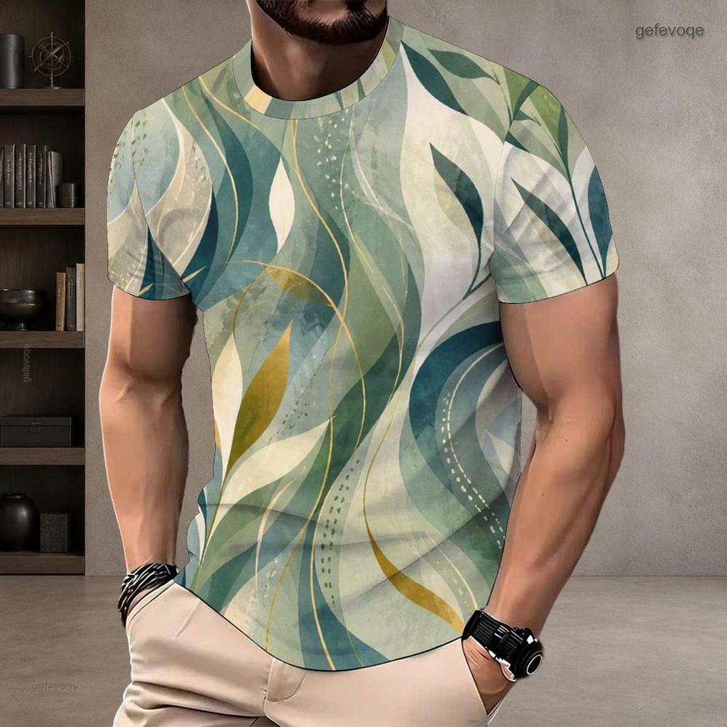 Men Plus Size Green Tropical Leaf Printed Round Neck Short Sleeve Pullover T Shirt Straight Hem