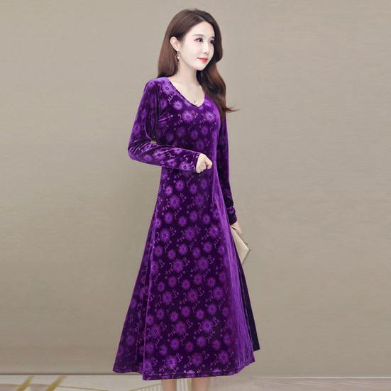 Kadın Sonbahar Kış Elbise V Yaka Kalın A-line Slim Fit Uzun Kollu Vintage Aplike Baskılı Orta buzağı Uzunluğu Bayan Midi Elbise