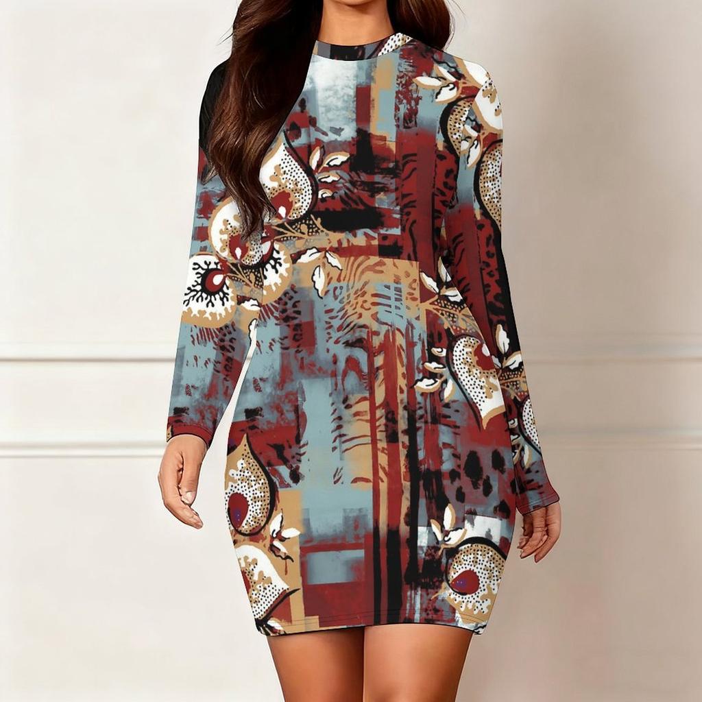 2025 Autumn and Winter New 3D Flower Print and Dyeing Women's Fashion Long-sleeved Round Neck Hip-wrapped Dress Valentine's Day Limited