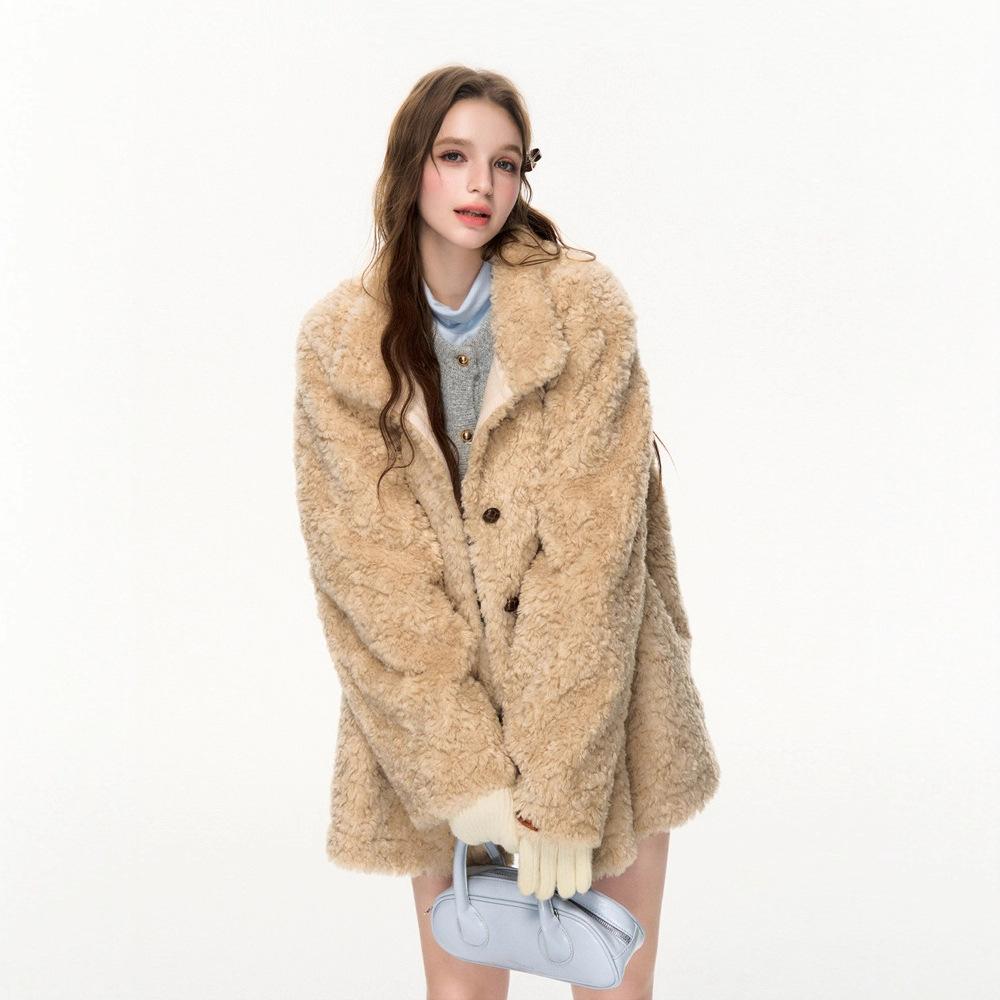 [Oat Black Qiao] Stand-up collar loose circle wool environmentally friendly wool thickened coat jacket