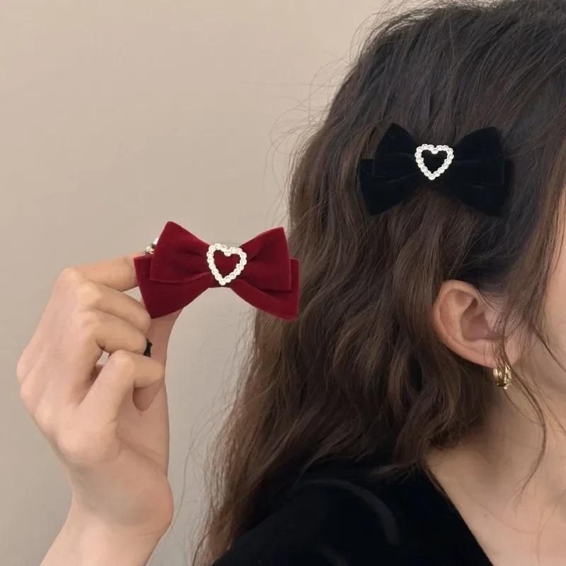 2pcs Elegant Princess Velvet Baby Hair Clip Sweet Belt Bow Heart Style Barrettes Cute Kids Girl BB Clip Children's Headwear