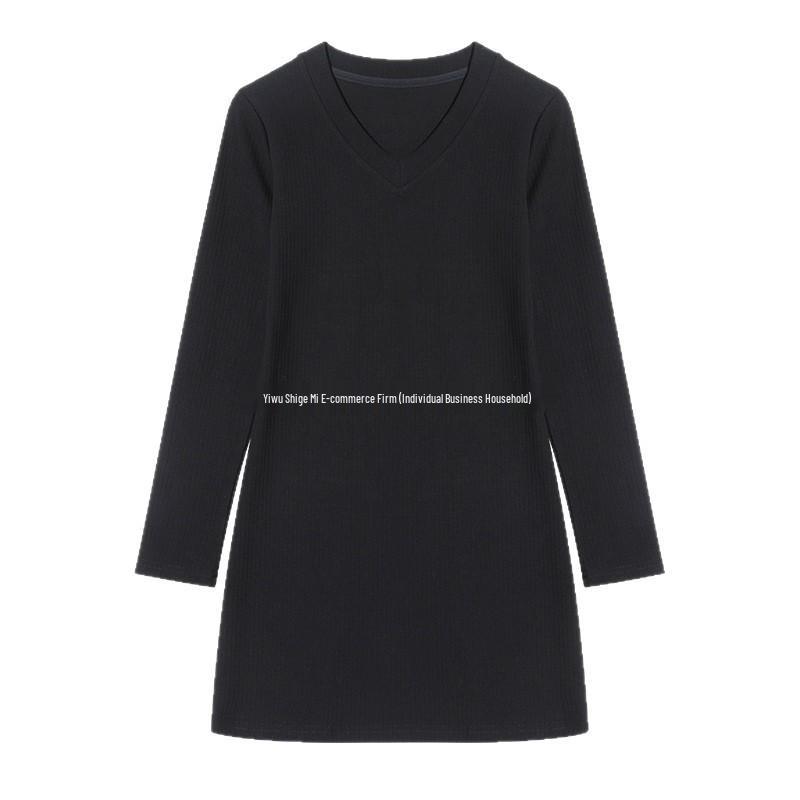 V-Neck Black Knit Plus Velvet Dress - Urban Style Hip-Hugging Autumn/Winter Skirt for Women
