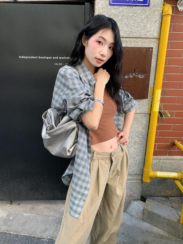 Retro Korean BF Style Women's Plaid Shirt - Loose Fit, Long Sleeve, Spring 2026