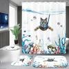 Blue-Green Cartoon Marine Life & Cat Pattern Shower Curtain - Polyester, All-Season Use
