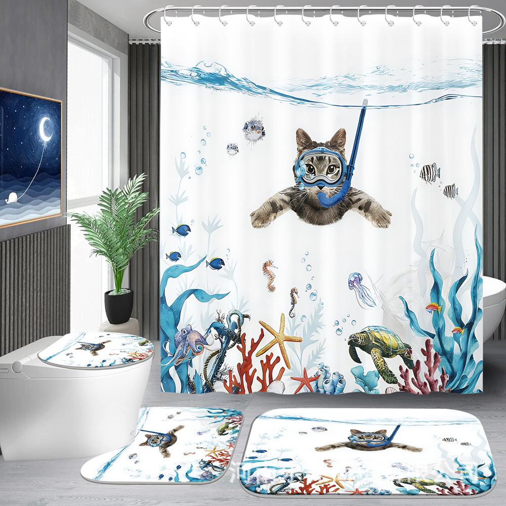 Blue-Green Cartoon Marine Life & Cat Pattern Shower Curtain - Polyester, All-Season Use