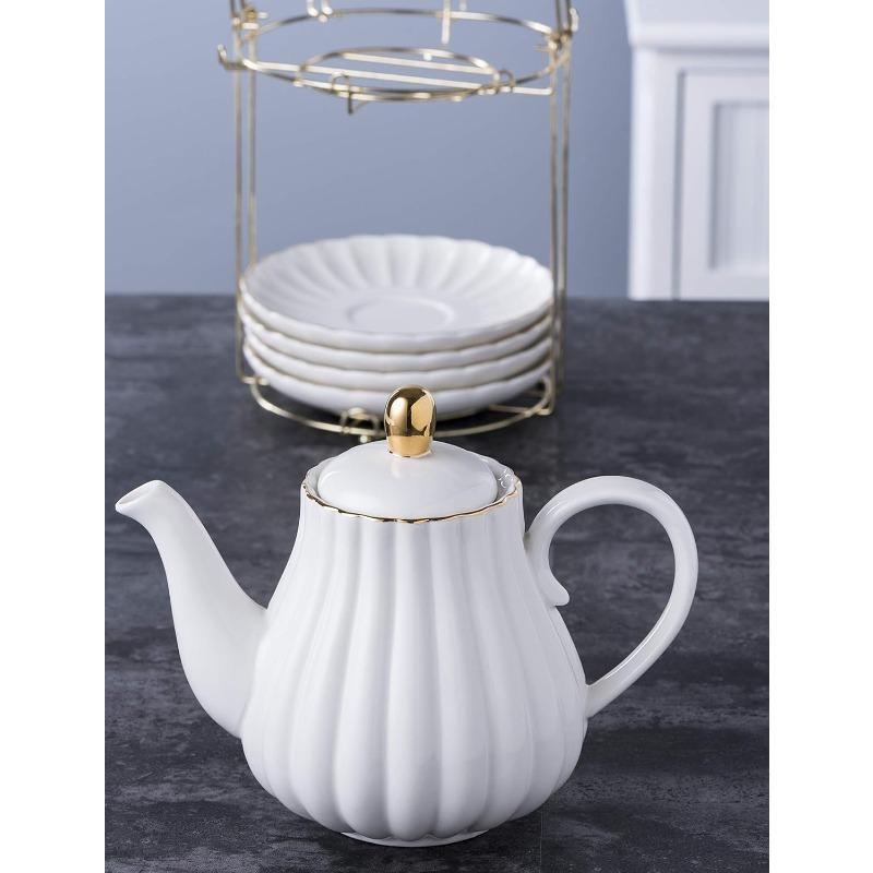 Porcelánová čajová súprava - 8 oz biela kávová šálka/šálka na čaj, podšálka, lyžičky, čajník a kanvička na mlieko, 17 kusov (FD-TW17PC SADA, Biela)