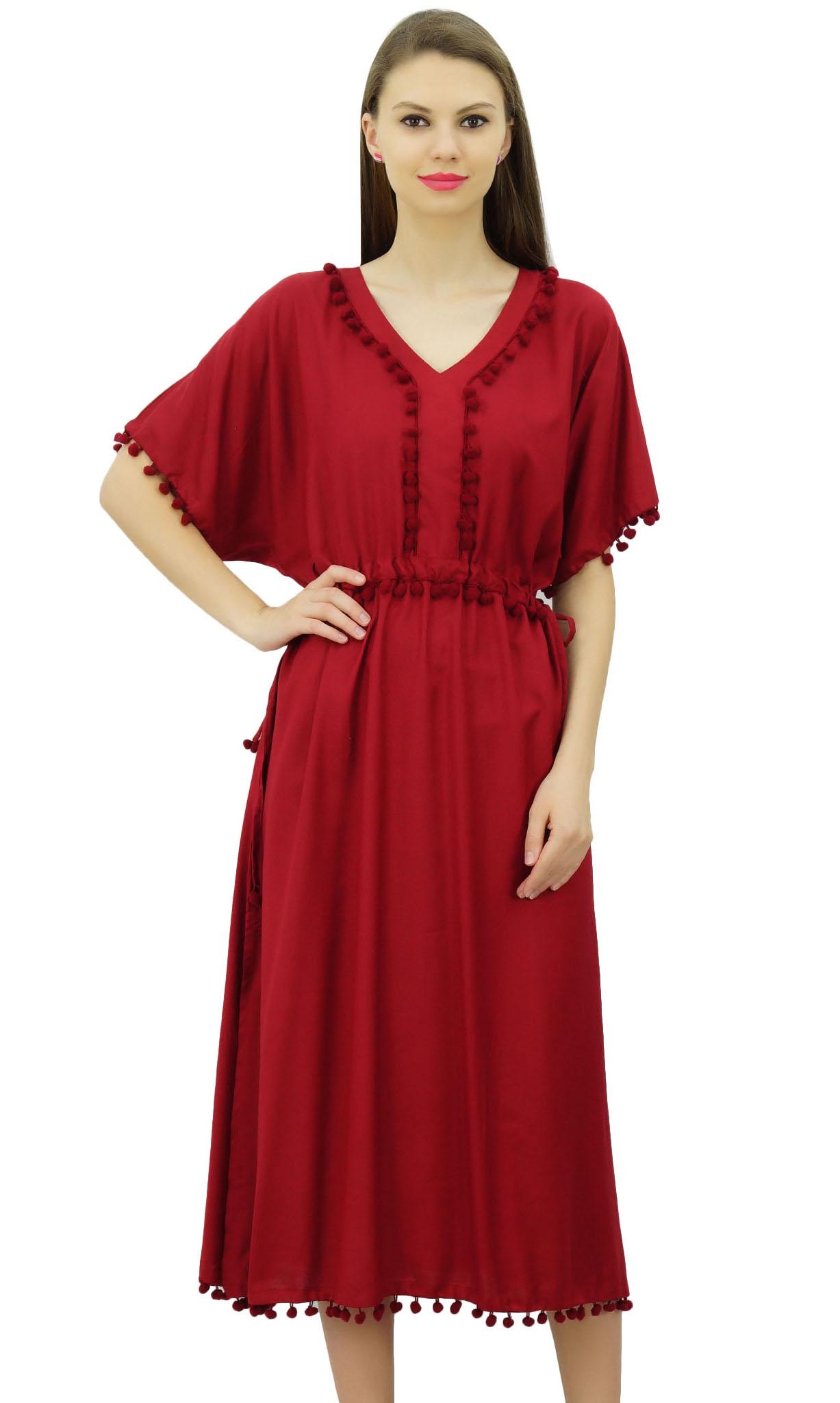 

Bimba Women s Designer Kaftan With Pom Pom Kimono Sleeve Long Maxi Coverup 6 малиновий
